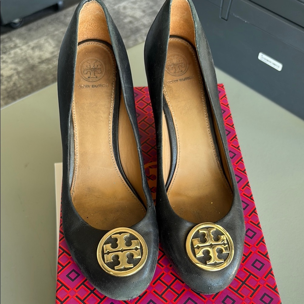 Tory Burch Black Wedges with Gold Logo